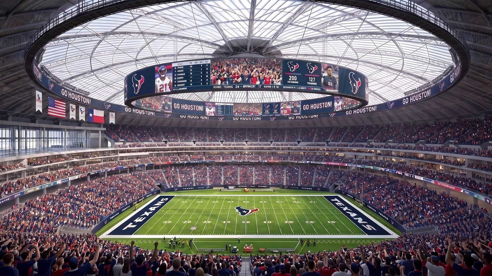 An unofficial architectural concept rendering of the Houston Astrodome interior, reimagined as a modern NFL stadium. It features multiple tiers of seating packed with fans, a green football field with "TEXANS" logos, and a massive, continuous 360-degree circular video board suspended beneath the iconic skylight dome roof.