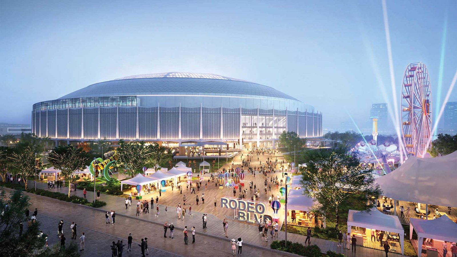 Architectural concept rendering of a modernized Houston Astrodome featuring a glass-paneled facade, glowing dome, and a bustling outdoor pedestrian plaza labeled "Rodeo Blvd" filled with festival tents, crowds, and a ferris wheel at dusk.