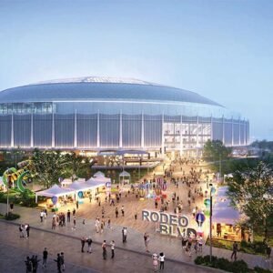 Architectural concept rendering of a modernized Houston Astrodome featuring a glass-paneled facade, glowing dome, and a bustling outdoor pedestrian plaza labeled "Rodeo Blvd" filled with festival tents, crowds, and a ferris wheel at dusk.