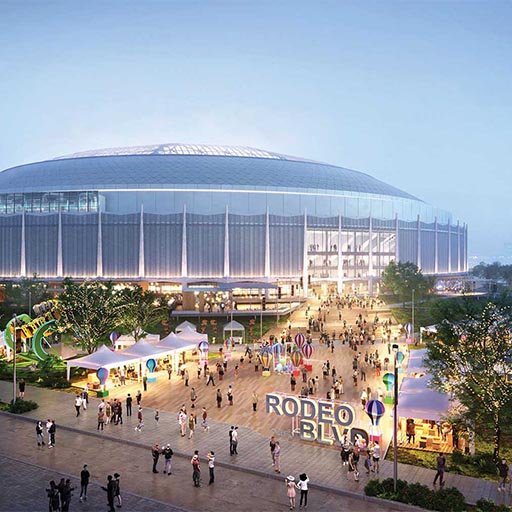 Architectural concept rendering of a modernized Houston Astrodome featuring a glass-paneled facade, glowing dome, and a bustling outdoor pedestrian plaza labeled "Rodeo Blvd" filled with festival tents, crowds, and a ferris wheel at dusk.